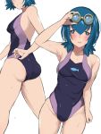  1girl ass bangs blue_eyes blue_hair blush breasts commentary fish goggles goggles_on_head hand_on_hip hand_up highres nishikino_kee one-piece_swimsuit pokemon pokemon_(game) pokemon_sm shiny shiny_skin simple_background small_breasts suiren_(pokemon) sweat sweatdrop swimsuit symbol_commentary wet white_background 