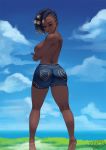  1girl ass asymmetrical_hair back barefoot black_hair blue_eyes blue_shorts blue_sky breast_hold breasts crossed_arms dark_skin day eyeshadow from_behind full_body hair_tubes hairlocs kneepits large_breasts league_of_legends lips looking_at_viewer looking_back makeup medium_hair outdoors senna_(league_of_legends) shorts sideboob skin_tight sky soles solo tiptoes topless true_damage_(league_of_legends) true_damage_senna very_dark_skin zefrableu 