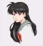  1girl artist_name black_hair brown_eyes clivenzu commentary english_commentary green_sailor_collar highres higurashi_kagome inuyasha long_hair looking_at_viewer neckerchief red_neckwear sailor_collar school_uniform serafuku shirt simple_background smile solo white_background white_shirt 