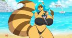  anthro between_breasts bikini blue_hair breasts cleavage clothed clothing duo female hair handcuffs long_tail male male/female mastergodai micro police red_eyes rock sand sea shackles shaze sky smile speech_bubble swimwear text thong_(swimwear) water 