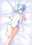  1girl angry bare_legs blue_hair blush breasts covered_navel covered_nipples english_commentary hair_between_eyes hands_on_own_chest hands_up highres knee_up legs leotard looking_at_viewer lying neptune_(series) no_gloves no_shoes on_back on_bed open_mouth power_symbol red_eyes see-through short_hair_with_long_locks small_breasts solo souryu_1231 symbol-shaped_pupils thighs white_heart white_leotard 