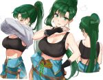  1girl absurdres back bangs bare_shoulders black_bra black_gloves blue_dress blush bra breasts cleavage closed_eyes collarbone dress earrings fingerless_gloves fire_emblem fire_emblem:_the_blazing_blade gloves green_eyes green_hair high_ponytail highres jewelry large_breasts long_hair looking_at_viewer lyn_(fire_emblem) multiple_views open_clothes open_dress open_mouth ormille ponytail rope sash shirt_lift simple_background sports_bra sweat underwear white_background 