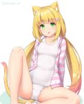  1girl animal_ears ankleband bangs blonde_hair blunt_bangs blush breasts cat_ears cat_tail chestnut_mouth covered_navel eyebrows_visible_through_hair gradient_hair green_eyes hair_ornament hairclip knee_up long_hair looking_at_viewer low_twintails multicolored_hair one-piece_swimsuit original parted_lips sasaame school_swimsuit simple_background sitting small_breasts solo striped_jacket swimsuit tail twintails twitter_username very_long_hair white_background white_swimsuit 