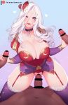  1girl 3boys alternate_costume artist_name ashe_(league_of_legends) blue_eyes blush breasts censored choker cleavage clothed_female_nude_male commentary cowgirl_position dark_skin dark_skinned_male double_handjob drill_hair english_commentary eyebrows_visible_through_hair eyes_visible_through_hair gradient gradient_background hair_ornament handjob head_tilt heart heart-shaped_pupils heart_hair_ornament heartseeker_ashe hetero huge_breasts interracial juliet_sleeves league_of_legends long_hair long_sleeves looking_at_viewer multiple_boys nanoless nude patreon_username puffy_sleeves purple_choker purple_legwear pussy_juice shiny shiny_skin straddling symbol-shaped_pupils thighhighs thighs tongue tongue_out vaginal veins white_hair 