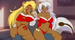  anthro areola between_breasts blonde_hair blush breast_smother breasts butt christmas_lingerie female grey_hair group hair male male/female mammal mastergodai motorboating naomi_(mastergodai) open_mouth seductive smile smothering ursid 