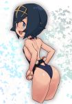  1girl ass blue_eyes blue_hair cosplay dengeki!_pikachu hairband looking_at_viewer nyonn24 open_mouth poke_ball poke_ball_(generic) pokemon pokemon_(game) pokemon_sm short_hair smile solo suiren_(pokemon) swimsuit trial_captain 