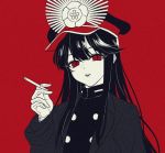  1girl bangs black_hair black_headwear black_jacket breasts buttons cigarette family_crest fate/grand_order fate_(series) gloves hat jacket kanon_(ikamiso) koha-ace long_hair long_sleeves looking_at_viewer monochrome oda_nobunaga_(fate) oda_nobunaga_(fate)_(all) oda_uri parted_lips peaked_cap red_background red_eyes sidelocks simple_background smoking solo 