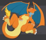  2020 blush charizon claws digital_media_(artwork) dragon fire flaming_tail hair kaparo lying male membrane_(anatomy) membranous_wings nintendo on_back paws pok&eacute;mon solo spread_legs spreading tongue tongue_out video_games wings 