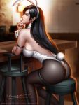  1girl animal_ears arm_strap ass black_hair black_legwear blurry blurry_background bunny_ears bunny_girl bunny_tail closed_eyes detached_collar earrings fake_animal_ears final_fantasy final_fantasy_vii finger_to_mouth highres jewelry leotard liang_xing lips long_hair pantyhose sitting solo strapless strapless_leotard tail thigh_strap tifa_lockhart white_leotard wrist_cuffs 