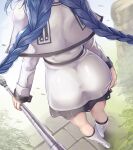  1girl ass ass_focus ass_support blue_hair boots braid capelet commentary day dress from_behind head_out_of_frame highres holding holding_staff knee_boots long_hair monikano mushoku_tensei outdoors roxy_migurdia solo staff twin_braids very_long_hair white_capelet white_dress white_footwear 
