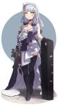  1girl alternate_costume assault_rifle bare_shoulders black_legwear breasts case choker chromatic_aberration cleavage facial_mark flower formal girls_frontline gloves gun h&amp;k_hk416 hair_ornament hairband highres hk416_(girls_frontline) kuro_kosyou long_hair rifle silver_hair solo teardrop thighhighs weapon yellow_eyes 