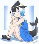  1girl bare_shoulders black_bow black_footwear black_hair blonde_hair blue_dress blue_eyes blue_hair blush bow bowtie commentary_request common_dolphin_(kemono_friends) dolphin_tail dorsal_fin dress eyebrows_visible_through_hair fanta_(the_banana_pistols) frilled_dress frills gradient_hair highres kemono_friends knees_to_chest looking_at_viewer mary_janes multicolored_hair sailor_collar shoe_bow shoes short_hair sitting sleeveless sleeveless_dress smile solo white_frills white_hair wristband yellow_neckwear 