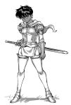  1girl armor berserk breastplate capelet casca commentary dark_skin english_commentary full_body gloves greyscale hand_on_hilt highres monochrome optionaltypo scabbard screentones sheath sheathed short_hair solo standing sword thighhighs tomboy weapon 