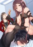  1girl 2boys absurdres bangs bare_shoulders black_dress black_gloves blush breasts brown_eyes brown_hair center_opening cleavage consort_yu_(fate) dress earrings elbow_gloves fate/grand_order fate_(series) fou_(ssqseeker) fujimaru_ritsuka_(male) gloves highres human_chair human_furniture jewelry large_breasts long_hair looking_at_viewer lord_el-melloi_ii lord_el-melloi_ii_case_files multiple_boys multiple_earrings multiple_piercings navel open_mouth revealing_clothes ribbon-trimmed_dress sitting sitting_on_person tears very_long_hair waver_velvet 