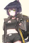  1girl animal_ears arknights backpack bag black_gloves black_hair black_jacket black_shirt black_shorts breasts cat_ears choker cleavage covered_nipples cowboy_shot crop_top floppy_ears gloves green_eyes highres jacket jessica_(arknights) kongthegrain long_hair medium_breasts midriff multicolored_hair navel open_clothes open_jacket ponytail shirt short_shorts shorts solo torn_clothes torn_shirt two-tone_hair 