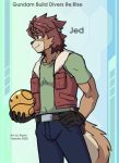  anthro belt better_version_at_source brown_body brown_fur brown_hair canid canine canis clothing costume domestic_dog fur gundam gundam_build_divers_re:rise hair haro headgear headwear humanoid jacket jed_(gundam_build_divers_re:rise) kemono machine male mammal muscular muscular_male raxkiyamato robot smile solo topwear 