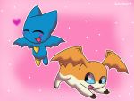  4:3 adorabat ambiguous_gender bat_wings blue_body blue_eyes blush cartoon_network chiropteran crossover digimon digimon_(species) eyes_closed fangs female feral flying hi_res mammal mao_mao:_heroes_of_pure_heart membrane_(anatomy) membranous_wings open_mouth open_smile orange_body patamon pink_background simple_background smile wings 