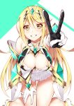  1girl absurdres ass_visible_through_thighs bare_shoulders blonde_hair blush breasts chest_jewel cleavage clenched_teeth daive eyebrows_visible_through_hair gem gloves green_background hair_between_eyes hand_on_own_thigh highres hikari_(xenoblade_2) kneeling large_breasts long_hair looking_at_viewer smile solo teeth thighs tiara two-tone_background v white_background white_gloves xenoblade_(series) xenoblade_2 yellow_eyes 