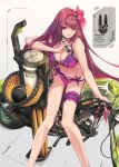  1girl absurdres bangs bare_shoulders bikini bottle breasts cleavage collarbone diadem fate/grand_order fate_(series) flower gatling_gun ground_vehicle hair_flower hair_intakes hair_ornament hibiscus highres large_breasts leg_garter legs long_hair looking_at_viewer motor_vehicle motorcycle navel ohland open_mouth pink_bikini purple_hair red_eyes scathach_(fate)_(all) scathach_(swimsuit_assassin)_(fate) sitting solo swimsuit wine_bottle 