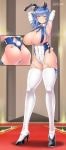  1girl absurdres adapted_costume animal_ears armpits arms_behind_head ass azur_lane bangs bare_shoulders between_breasts blue_eyes blue_hair blush breasts bunny_ears bunny_girl bunny_tail bunnysuit cleavage closed_mouth commentary_request covered_navel crotch_zipper elbow_gloves eyebrows_visible_through_hair fake_animal_ears fake_tail full_body garter_straps gloves hair_between_eyes high_heels highres huge_breasts long_hair looking_at_viewer medium_hair multiple_views necktie purple_eyes saizu_nitou_gunsou sidelocks signature skindentation smile st._louis_(azur_lane) standing strap_pull tail thick_thighs thighhighs thighs white_gloves white_legwear zipper 