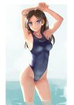 1girl arms_up black_hair black_swimsuit blue_eyes breasts clothes_writing collarbone commentary_request competition_swimsuit highleg highleg_swimsuit katahira_masashi looking_at_viewer medium_breasts one-piece_swimsuit original simple_background smile solo standing swimsuit wading wet wet_clothes wet_swimsuit white_background 