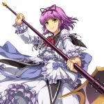  1girl artist_request bangs breasts eiyuu_densetsu frills hair_ribbon highres holding holding_weapon long_sleeves official_art purple_hair renne ribbon sen_no_kiseki short_hair simple_background solo weapon white_background yellow_eyes 