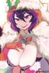  1girl :d bell breasts cleavage eric_muentes fang fur_trim gloves hair_between_eyes hat ilya_ornstein large_breasts looking_at_viewer open_mouth princess_connect! princess_connect!_re:dive purple_eyes purple_hair red_gloves santa_hat smile solo 