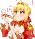  1girl ahoge blonde_hair braid breasts cheese_trail cleavage eating epaulettes fate/extra fate_(series) food french_braid green_eyes hair_intakes highres nero_claudius_(fate) nero_claudius_(fate)_(all) pizza simple_background slice_of_pizza solo sparkle upper_body v-shaped_eyebrows white_background yayoi_maka 
