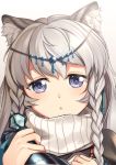  1girl :o animal_ear_fluff animal_ears arknights braid commentary_request eyebrows_visible_through_hair grey_eyes grey_hair hair_between_eyes highres holding jewelry leopard_ears long_hair looking_at_viewer portrait pramanix_(arknights) simple_background solo turtleneck twin_braids white_background yasume_yukito 