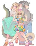  3girls african_rock_python_(kemono_friends) alternate_costume animal_ears anteater_ears anteater_tail arm_behind_head arm_up bare_arms bare_legs bare_shoulders bear_ears black_eyes black_hair blonde_hair brown_eyes camisole closed_mouth contemporary eyebrows_visible_through_hair ezo_brown_bear_(kemono_friends) fingernails full_body grey_hair hairband hands_up headband highres igarashi_(nogiheta) kemono_friends knees_together_feet_apart light_brown_hair long_skirt long_sleeves looking_afar looking_at_viewer multicolored multicolored_clothes multicolored_hair multiple_girls nail_polish open_mouth pants purple_eyes red_hair ribbed_sweater sandals semi-rimless_eyewear short_hair short_sleeves silky_anteater_(kemono_friends) simple_background skirt sleeves_past_wrists slit_pupils smile snake_tail standing sunglasses sweater tail tied_hair toenails toes two-tone_hair under-rim_eyewear white_background 