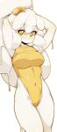  1girl arms_behind_head borrowed_character breasts closed_mouth covered_navel egg eyebrows_visible_through_hair highres leotard long_hair looking_at_viewer medium_breasts monster_girl original simple_background slime_girl slugbox solo thick_eyebrows wavy_mouth white_background white_hair yellow_eyes yellow_leotard 