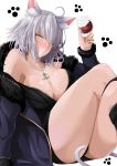  1girl absurdres ahoge alcohol animal_ears ass bangs black_dress black_footwear blue_coat blush boots breasts cat_ears cat_tail cleavage closed_mouth coat crossed_legs cup dress drinking_glass earrings fate/grand_order fate_(series) fur-trimmed_coat fur_trim highres isane jeanne_d&#039;arc_(alter)_(fate) jeanne_d&#039;arc_(fate)_(all) jewelry knee_boots large_breasts long_sleeves looking_at_viewer necklace off_shoulder open_clothes open_coat paw_print short_dress short_hair silver_hair simple_background sitting solo tail thighs white_background wicked_dragon_witch_ver._shinjuku_1999 wine wine_glass yellow_eyes 