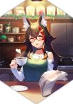  1girl absurdres animal_ear_fluff animal_ears black_hair casual choker coffee_cup commentary_request cup disposable_cup highres hololive indoors long_hair long_sleeves looking_at_viewer multicolored_hair namazu_(dc_27546) newspaper ookami_mio open_mouth orange_eyes paw_print red-framed_eyewear red_hair semi-rimless_eyewear solo streaked_hair tea under-rim_eyewear virtual_youtuber wolf_ears 