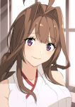  1girl ahoge alternate_hairstyle brown_hair commentary_request double_bun highres kantai_collection kongou_(kantai_collection) long_hair looking_at_viewer masukuza_j popped_collar purple_eyes remodel_(kantai_collection) smile solo upper_body window 