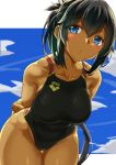  1girl arms_behind_back bangs bare_arms bare_hips bare_shoulders bent_over black_swimsuit blue_eyes blue_sky blush breasts clothes_writing cloud collarbone competition_swimsuit cowboy_shot dark_skin day eyebrows_visible_through_hair green_hair hand_on_own_arm highleg highleg_swimsuit highres long_hair looking_at_viewer medium_breasts one-piece_swimsuit original parted_lips ponytail sidelocks sky solo striped swimsuit thigh_gap vertical-striped_swimsuit vertical_stripes very_long_hair yuzu_lemon 