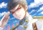  1boy black_hair blue_sky buttons chiko_(d04099) closed_mouth cloud collar danganronpa epaulettes ishimaru_kiyotaka long_sleeves looking_at_viewer male_focus outdoors red_eyes salute short_hair sky solo spiked_hair upper_body 