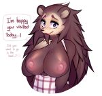  &lt;3 &lt;3_eyes 2020 animal_crossing anthro apron apron_only areola big_breasts breasts clothing dialogue english_text eulipotyphlan female freckles hedgehog hi_res looking_at_viewer mammal mostly_nude nintendo nipples open_mouth raikissu sable_able simple_background solo speech_bubble talking_to_viewer text video_games white_background 