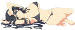  1girl arms_up bikini black_bikini black_hair breasts covered_nipples highres ikaruga_(senran_kagura) large_breasts looking_at_viewer lying navel on_back parted_lips senran_kagura simple_background source_request swimsuit white_background yaegashi_nan 