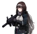  absurdres arm_up assault_rifle bangs belt belt_buckle breasts brown_hair buckle bullpup character_request girls_frontline grey_hairband grey_scarf gun hair_ornament hairband highres holding holding_gun holding_weapon long_hair looking_to_the_side mechanical mechanical_arms rampart1028 red_eyes rifle scarf sidelocks simple_background suppressor trigger_discipline upper_body very_long_hair weapon white_background 