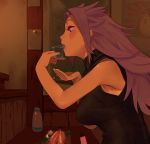  1girl absurdres aima_imoko0327 alcohol alternate_costume black_shirt breasts cup drinking_glass food highres holding holding_cup jun&#039;you_(kantai_collection) kantai_collection long_hair open_mouth profile purple_eyes purple_hair shirt shot_glass sleeveless sleeveless_shirt solo spiked_hair 