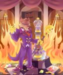  absurd_res book bookshelf brown_body brown_fur canid canine canis clothed clothing cloudypouty coin emerald_(gem) fire fur furniture gem gloves hair handwear hi_res looking_at_viewer male mammal ruby_(gem) scepter solo 