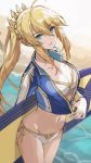  1girl ahoge artoria_pendragon_(all) artoria_pendragon_(lancer) bangs bikini blonde_hair blue_jacket braid breasts cleavage collarbone cropped_jacket crown fate/grand_order fate_(series) french_braid green_eyes hair_between_eyes jacket large_breasts long_hair long_sleeves looking_at_viewer navel parted_lips ponytail sidelocks solo surfboard swimsuit thighs tonee white_bikini 