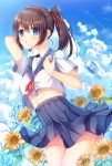  1girl aircraft arm_up bangs blue_eyes blue_skirt blue_sky bottle brown_hair cloud condensation_trail eyebrows_visible_through_hair flower hair_ribbon highres midriff navel original parted_lips pleated_skirt pocari_sweat ponytail red_ribbon ribbon sailor_collar school_uniform serafuku shiny shiny_skin shirt skirt sky solo standing sunflower umitonakai water water_bottle white_shirt wind wind_lift 