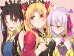  3girls armor artist_request bangs between_breasts bikini_armor black_hair blonde_hair blue_shirt blush breasts cape cleavage collarbone detached_collar earrings ereshkigal_(fate/grand_order) fate/grand_order fate_(series) flower gold_trim hair_ribbon hoop_earrings infinity ishtar_(fate)_(all) jewelry kama_(fate/grand_order) large_breasts long_hair lotus medium_breasts multicolored_hair multiple_girls musical_note necklace open_mouth parted_bangs pink_ribbon red_cape red_eyes red_hair ribbon shirt silver_hair skull smile space_ishtar_(fate) spine squiggle tiara two-tone_hair two_side_up vest yellow_vest 