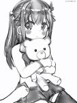  1girl blush_stickers copyright_request eyebrows_visible_through_hair greyscale hair_ornament highres holding holding_stuffed_animal long_hair looking_at_viewer monochrome nanashi_(nlo74593630) shorts simple_background sitting smile solo star star_hair_ornament stuffed_animal stuffed_toy teddy_bear thighhighs white_background 