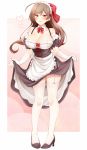  1girl :d ahoge alternate_costume apron black_footwear blush breasts brown_eyes brown_hair cleavage collarbone detached_collar dress dress_lift elbow_gloves enmaided eyebrows_visible_through_hair garter_straps gloves hair_ribbon high_heels highres kantai_collection large_breasts lifted_by_self long_hair maid maid_apron maid_dress maid_headdress mamiya_(kantai_collection) open_mouth red_ribbon ribbon rui_shi_(rayze_ray) short_sleeves smile solo standing thighhighs white_apron white_gloves white_legwear 