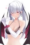  1girl bare_shoulders bikini black_bikini bound bound_wrists breasts cleavage closed_mouth collarbone demon_wings doyachii elbow_gloves gloves hair_ornament halter_top halterneck heart heart-shaped_pupils highres large_breasts long_hair looking_at_viewer original red_eyes red_ribbon ribbon sidelocks silver_hair simple_background smile solo stomach string_bikini swimsuit symbol-shaped_pupils twintails upper_body white_background white_gloves wings 