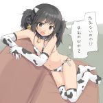  1girl animal_ears animal_print bell bell_collar bikini black_hair brown_eyes collar cow_ears cow_girl cow_print cow_tail ear_tag elbow_gloves gloves highres horns looking_at_viewer original solo speech_bubble sweat swimsuit tail thighhighs translated twintails yakihebi 
