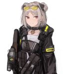  1girl bangs black_choker breasts bullpup choker closed_mouth collarbone dated_commentary double_bun eyewear_on_head girls_frontline gun hair_ornament highres holding holding_gun holding_weapon hood hood_down jacket long_sleeves looking_at_viewer p90 p90_(girls_frontline) rampart1028 red_eyes scope short_hair simple_background smile solo strap submachine_gun sunglasses tactical_clothes upper_body weapon 