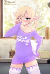  blonde_hair blush clothing detailed_background elf english_text green_eyes hair hand_on_hip hi_res hoodie_(artist) humanoid legwear looking_at_viewer male max_(hoodie) messy_hair pillow shirt signature smile solo standing text text_on_clothing text_on_shirt thigh_highs topwear url 